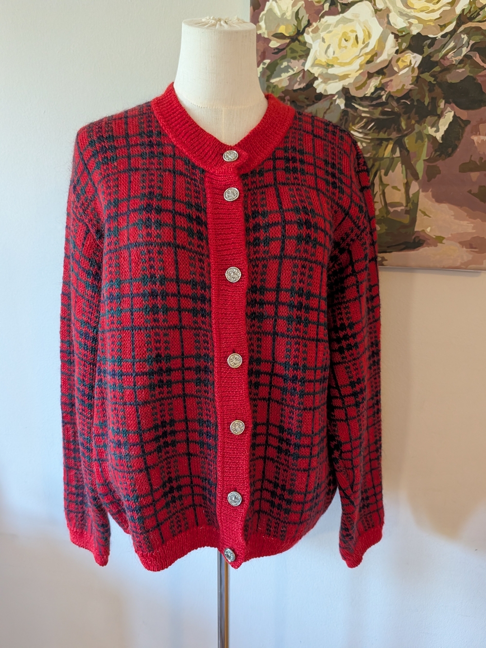 Vintage (80s/90s) Mohair Blend Red Plaid Cardigan With Gold Buttons